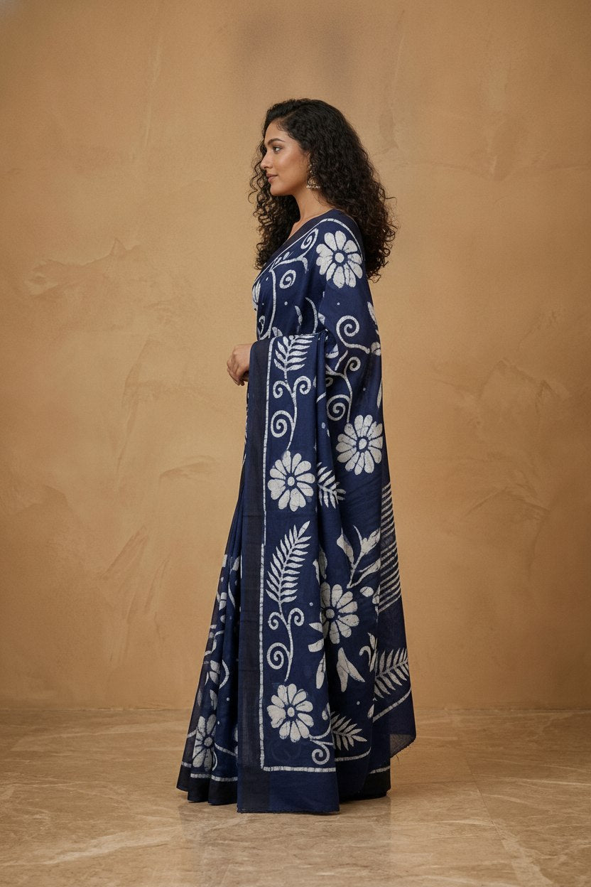 Hand Batik Chanderi Cotton Silk Saree in Navy White