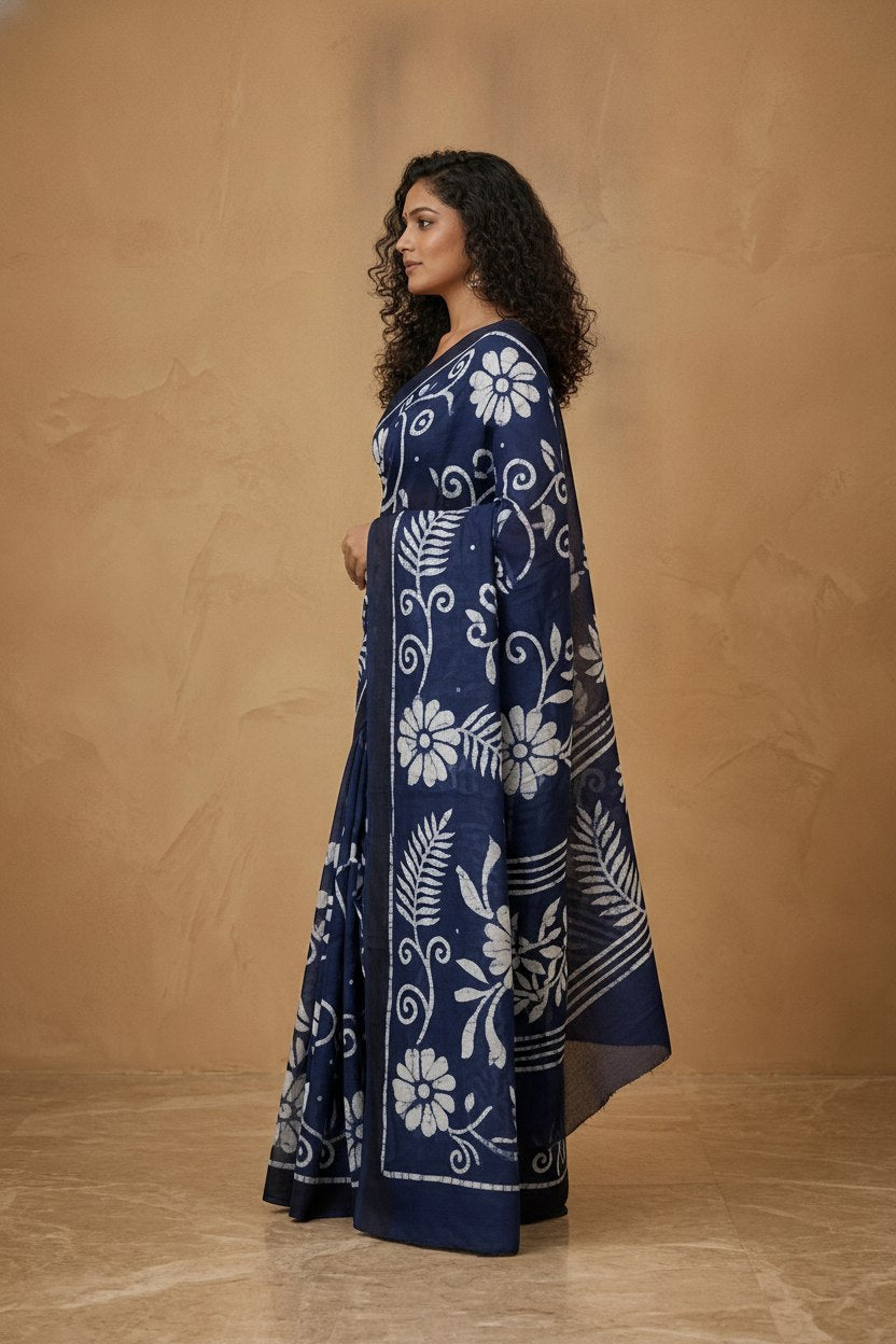 Hand Batik Chanderi Cotton Silk Saree in Navy White