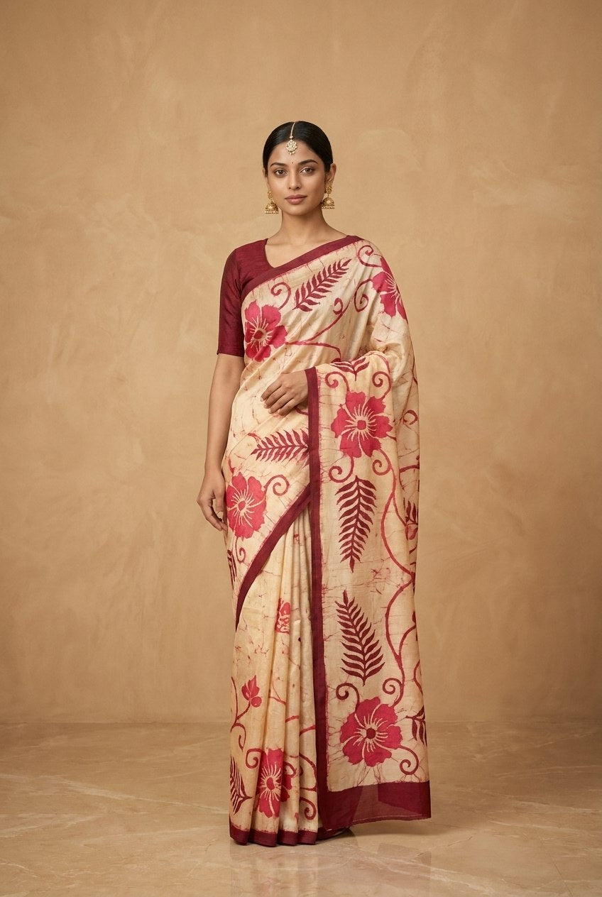 Hand Batik Chanderi Cotton Silk Saree in Red Cream