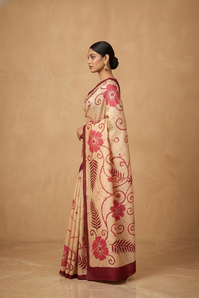 Hand Batik Chanderi Cotton Silk Saree in Red Cream