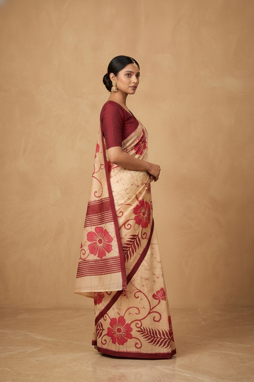 Hand Batik Chanderi Cotton Silk Saree in Red Cream