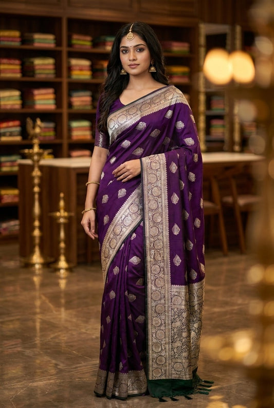 Aubergine Khaddi Crepe Silk Banarasi-Style Saree with Contrast Zari Pallu