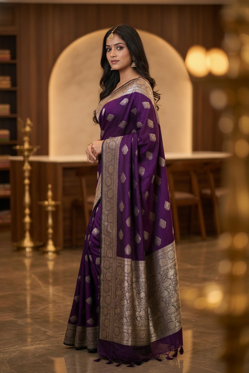 Aubergine Khaddi Crepe Silk Banarasi-Style Saree with Contrast Zari Pallu