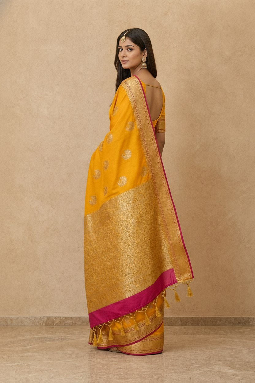 Peacock Paithani Butta Khaddi Crepe Silk Saree with Contrast Zari Border in Marigold