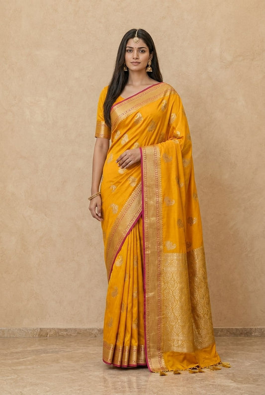 Peacock Paithani Butta Khaddi Crepe Silk Saree with Contrast Zari Border in Marigold
