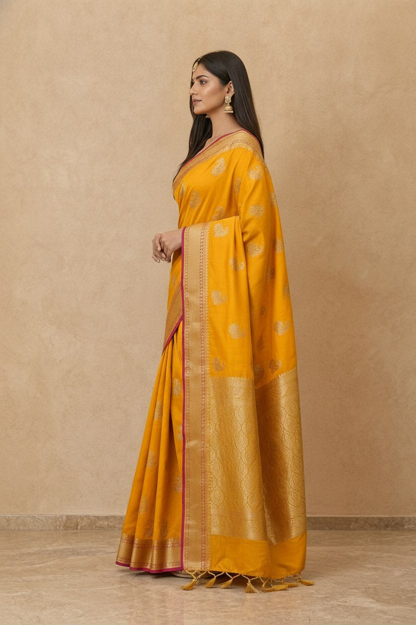 Peacock Paithani Butta Khaddi Crepe Silk Saree with Contrast Zari Border in Marigold