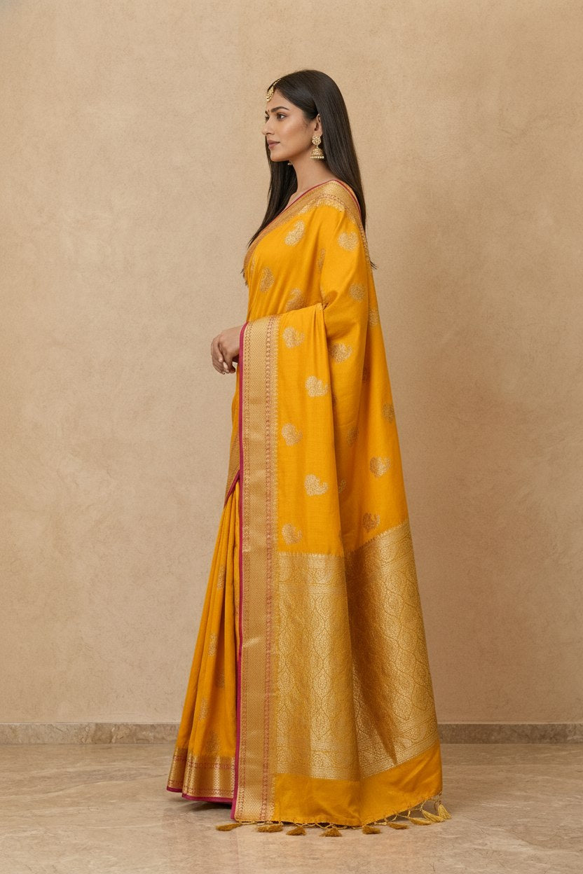 Peacock Paithani Butta Khaddi Crepe Silk Saree with Contrast Zari Border in Marigold