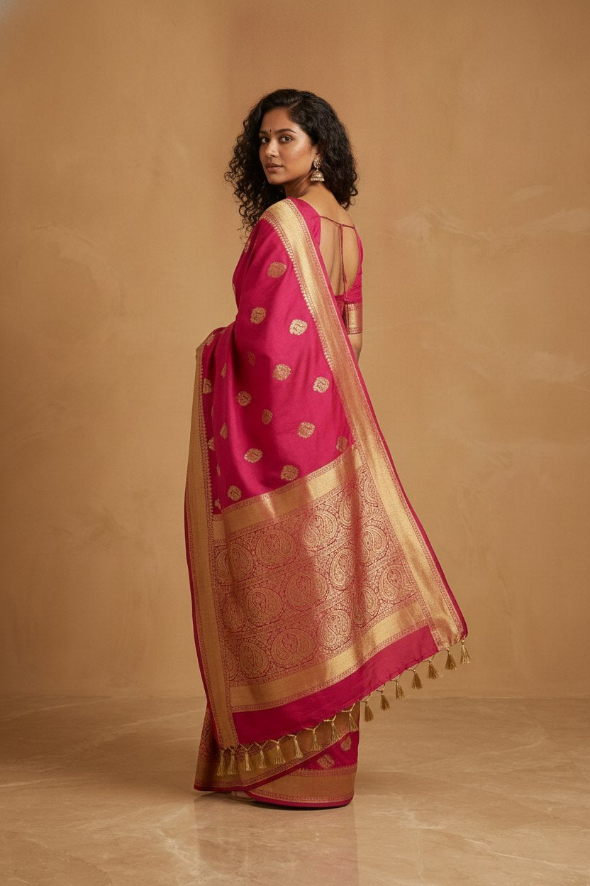Peacock Paithani Butta Khaddi Crepe Silk Saree with Contrast Zari Border in Rani Pink