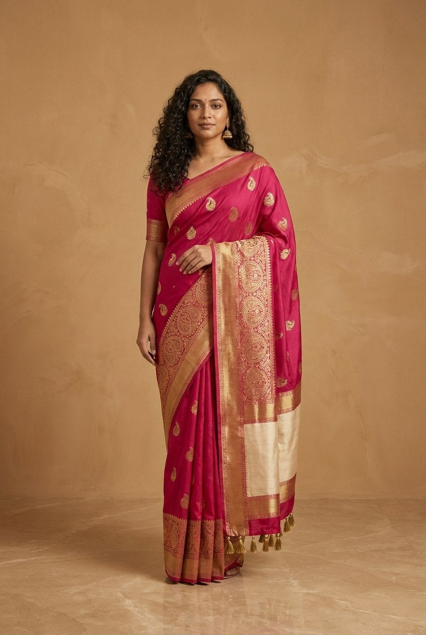 Peacock Paithani Butta Khaddi Crepe Silk Saree with Contrast Zari Border in Rani Pink