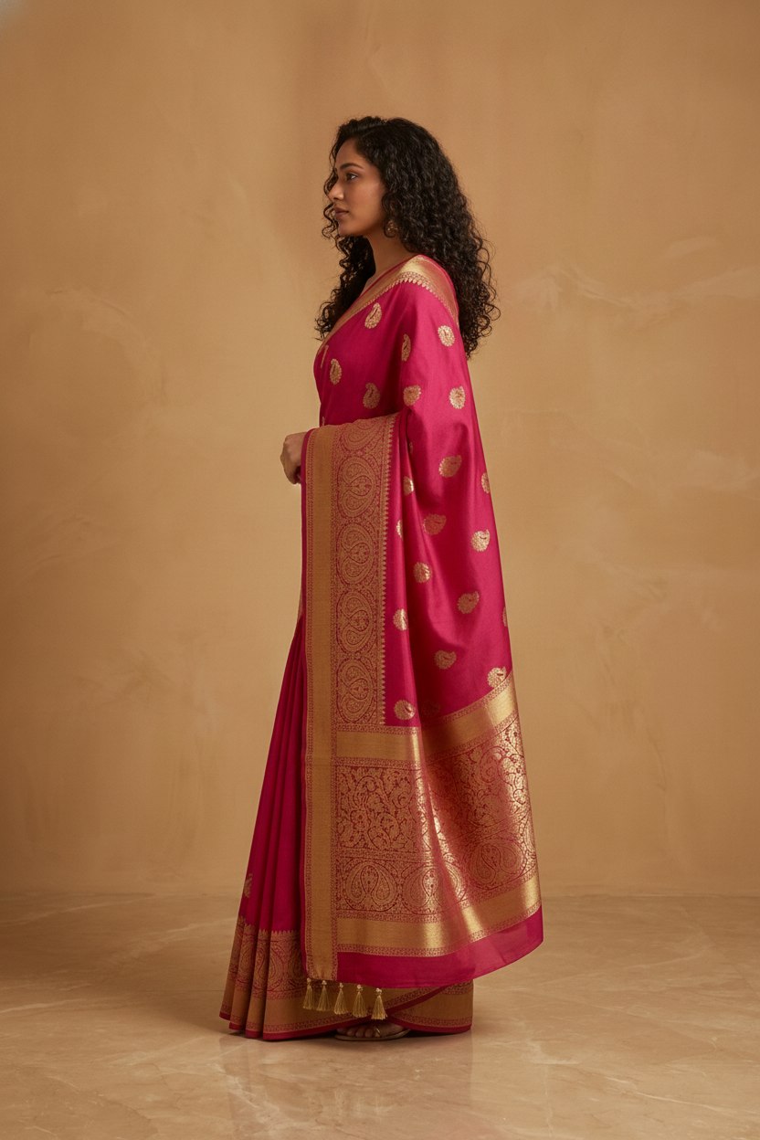 Peacock Paithani Butta Khaddi Crepe Silk Saree with Contrast Zari Border in Rani Pink