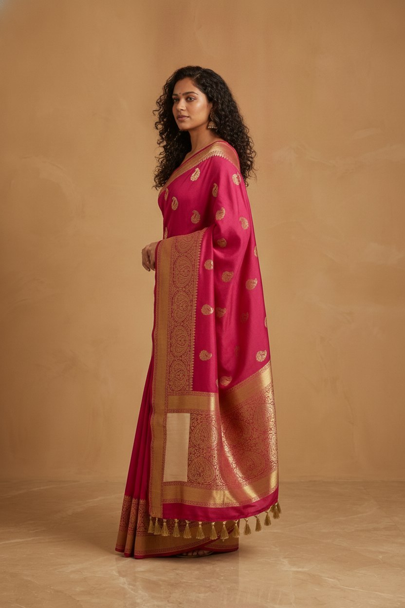 Peacock Paithani Butta Khaddi Crepe Silk Saree with Contrast Zari Border in Rani Pink