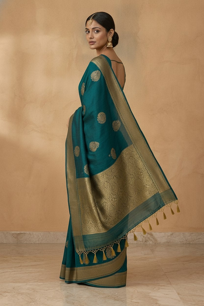 Peacock Paithani Butta Khaddi Crepe Silk Saree with Contrast Zari Border in Teal