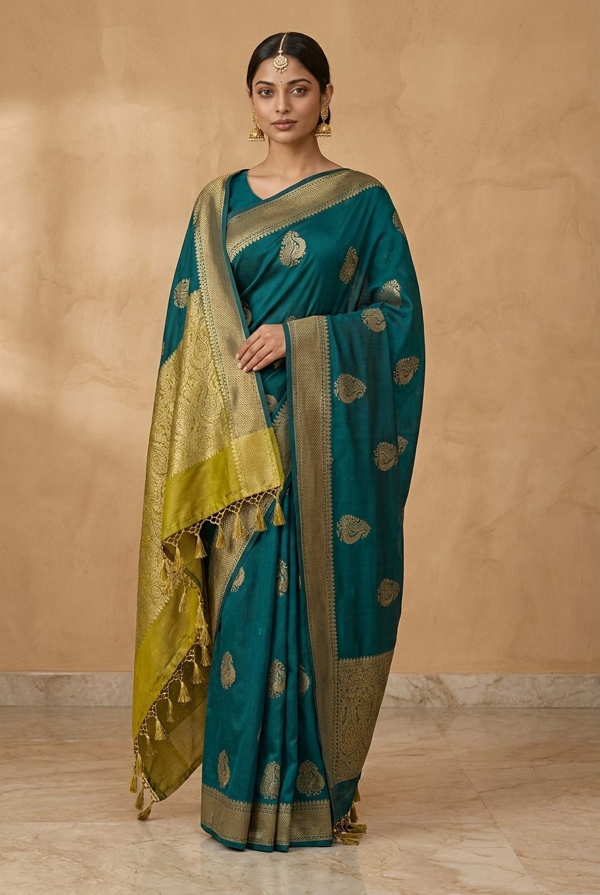 Peacock Paithani Butta Khaddi Crepe Silk Saree with Contrast Zari Border in Teal