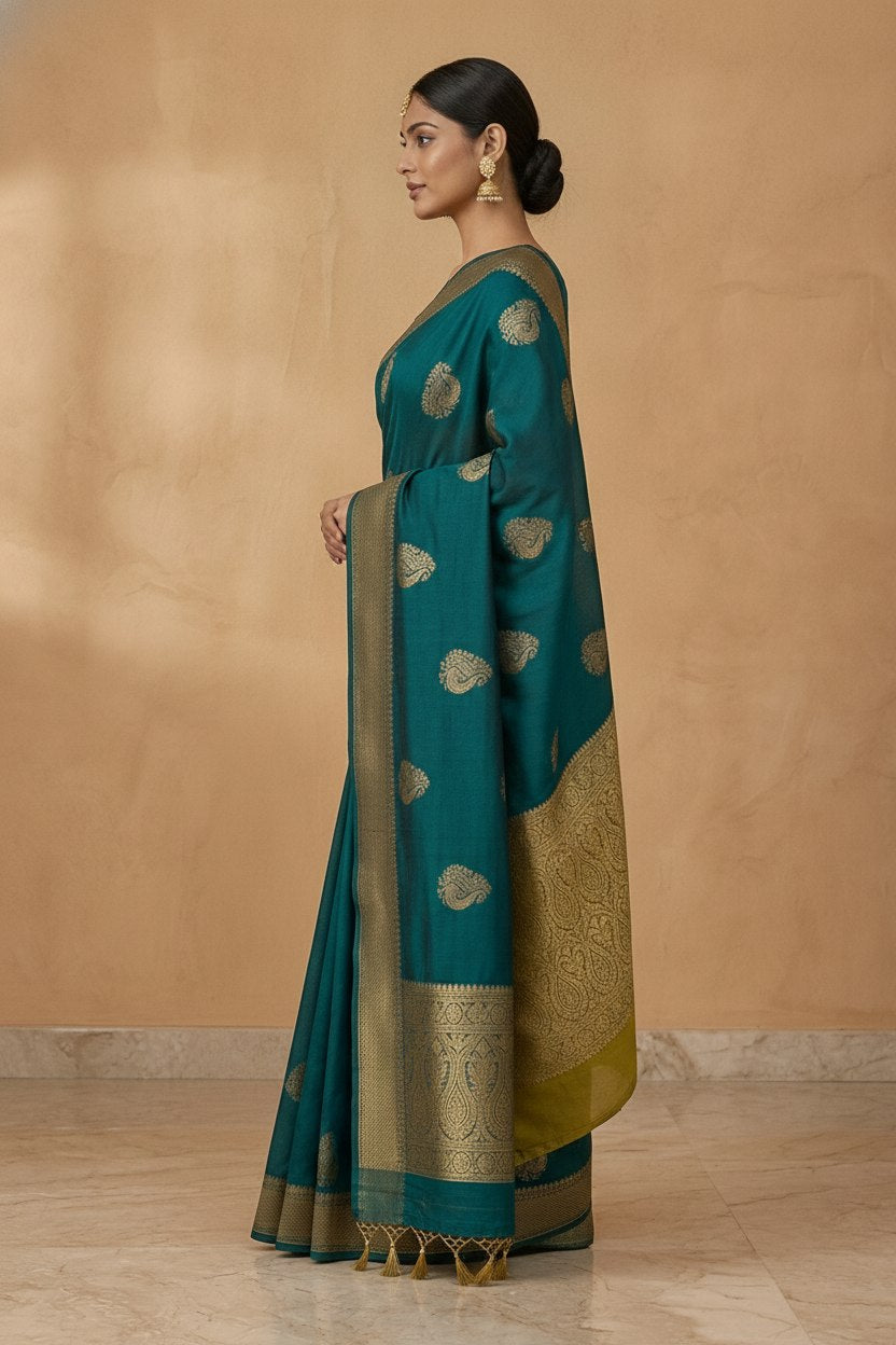 Peacock Paithani Butta Khaddi Crepe Silk Saree with Contrast Zari Border in Teal