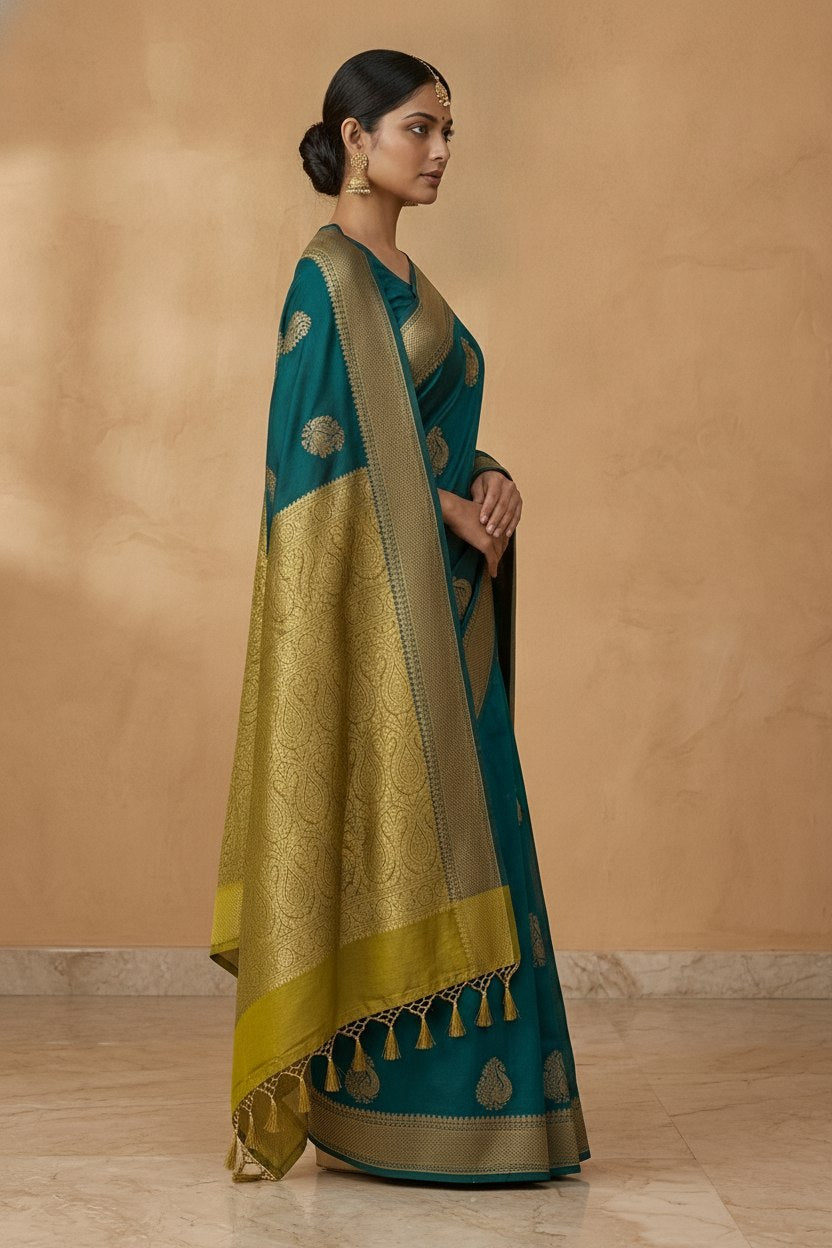 Peacock Paithani Butta Khaddi Crepe Silk Saree with Contrast Zari Border in Teal
