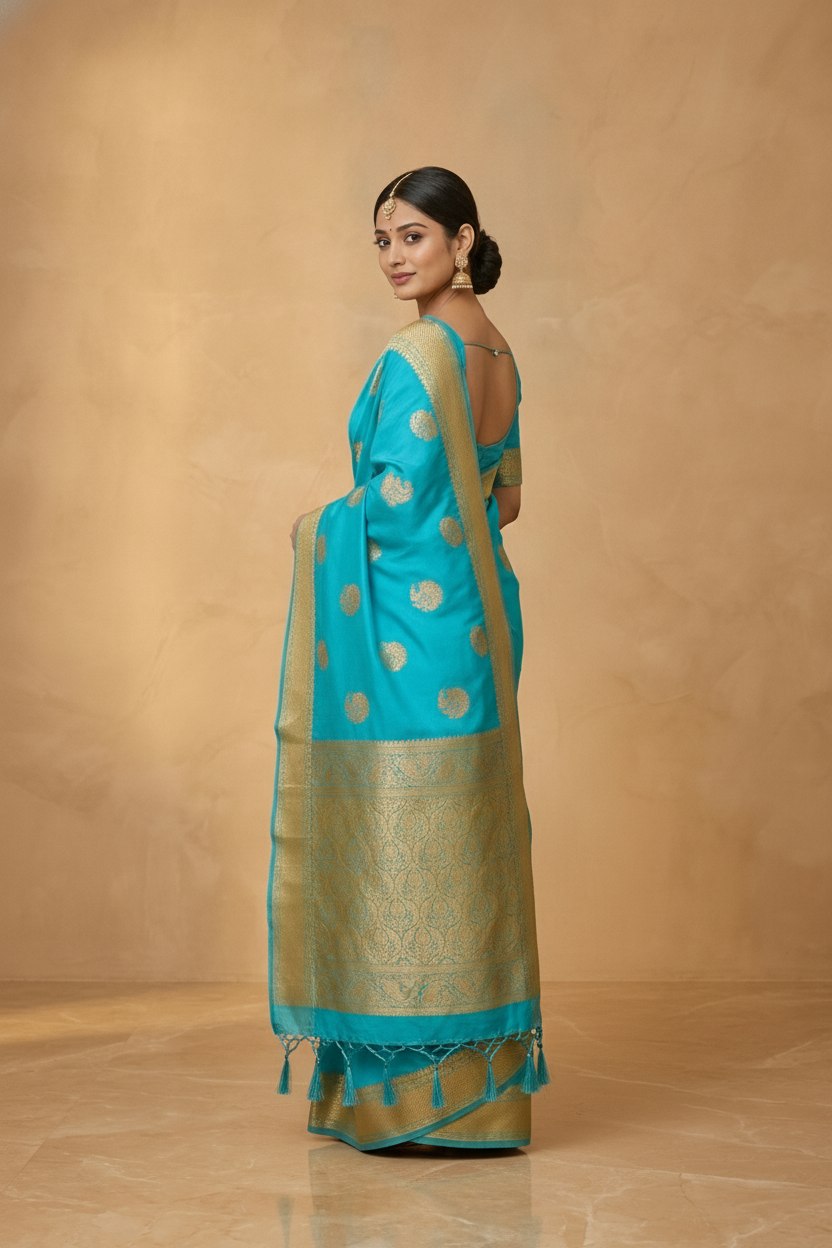 Peacock Paithani Butta Khaddi Crepe Silk Saree with Contrast Zari Border in Turquoise