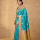 Peacock Paithani Butta Khaddi Crepe Silk Saree with Contrast Zari Border in Turquoise