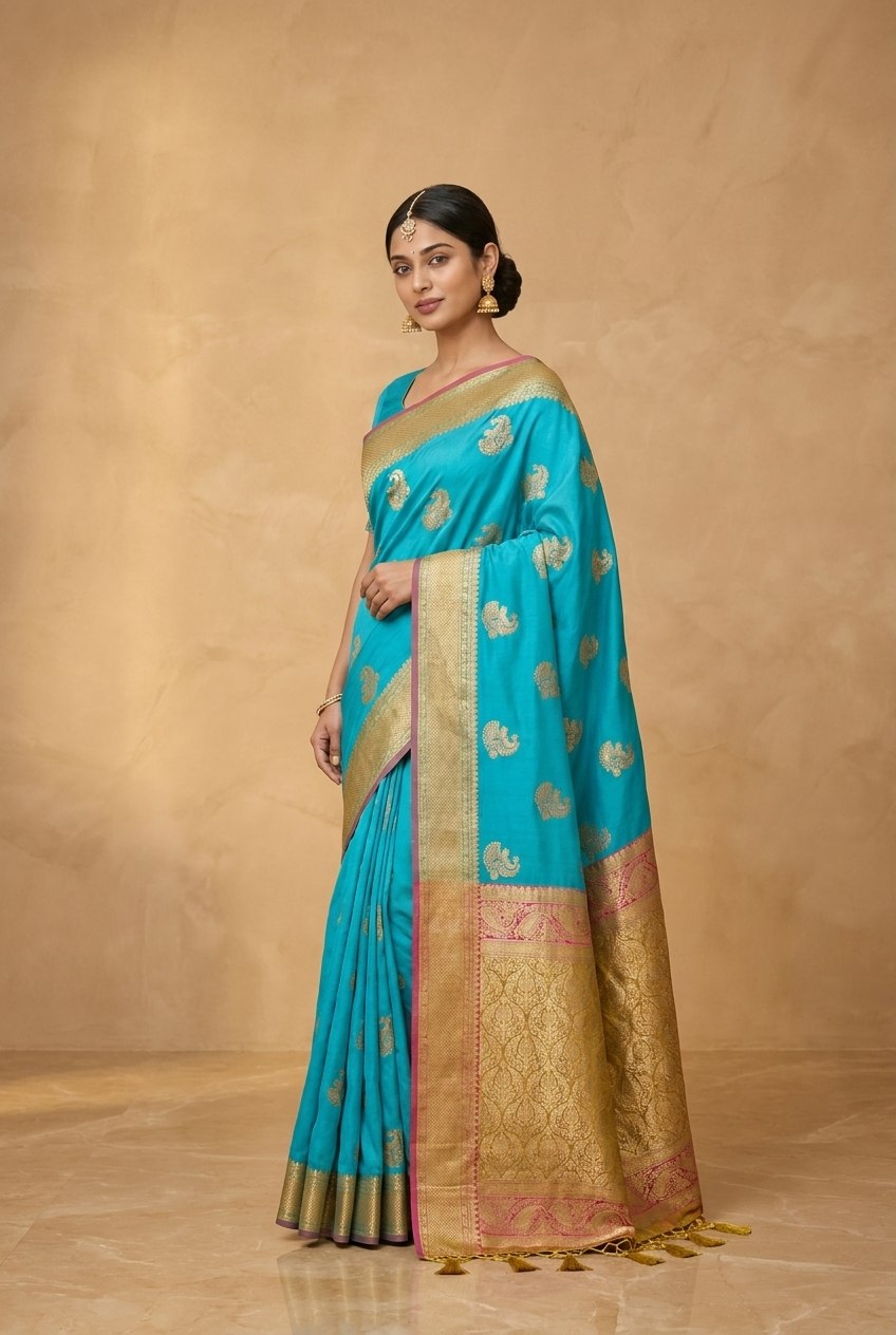 Peacock Paithani Butta Khaddi Crepe Silk Saree with Contrast Zari Border in Turquoise