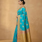 Peacock Paithani Butta Khaddi Crepe Silk Saree with Contrast Zari Border in Turquoise