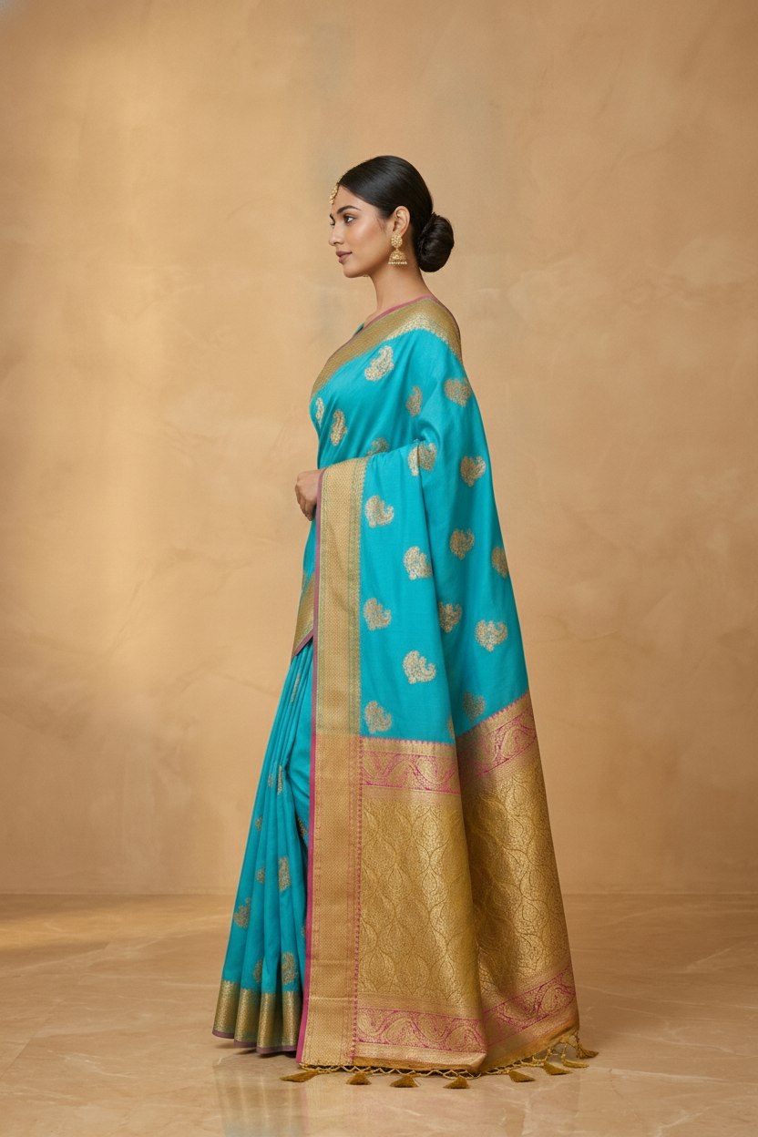 Peacock Paithani Butta Khaddi Crepe Silk Saree with Contrast Zari Border in Turquoise