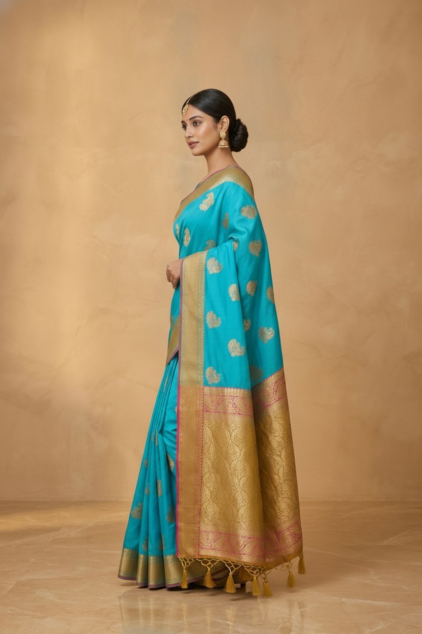 Peacock Paithani Butta Khaddi Crepe Silk Saree with Contrast Zari Border in Turquoise
