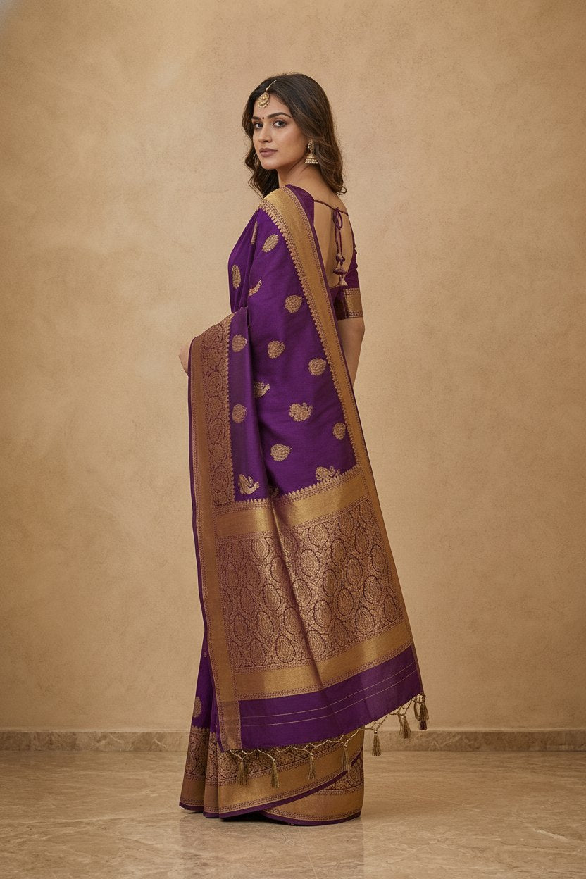 Peacock Paithani Butta Khaddi Crepe Silk Saree with Contrast Zari Border in Violet