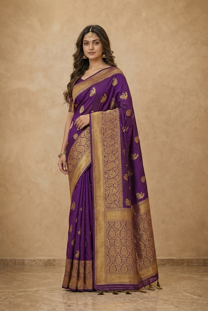 Peacock Paithani Butta Khaddi Crepe Silk Saree with Contrast Zari Border in Violet