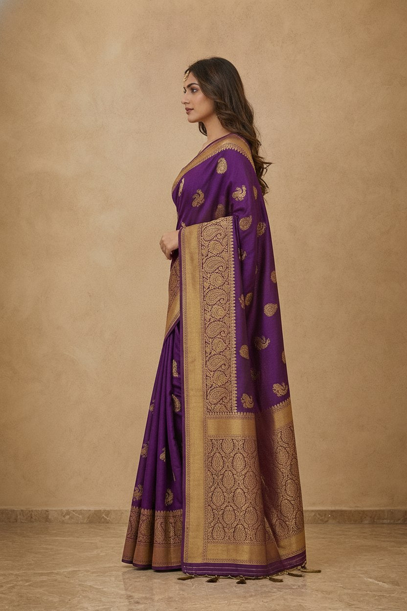 Peacock Paithani Butta Khaddi Crepe Silk Saree with Contrast Zari Border in Violet