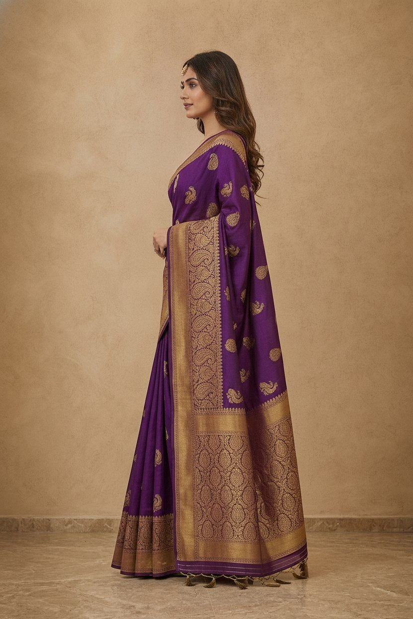 Peacock Paithani Butta Khaddi Crepe Silk Saree with Contrast Zari Border in Violet