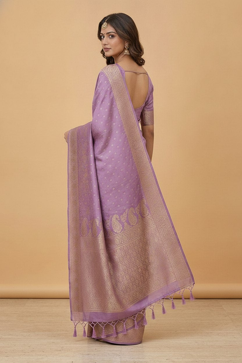 Water Zari Butta Khaddi Crepe Silk Saree with Rich Zari Pallu in Lilac