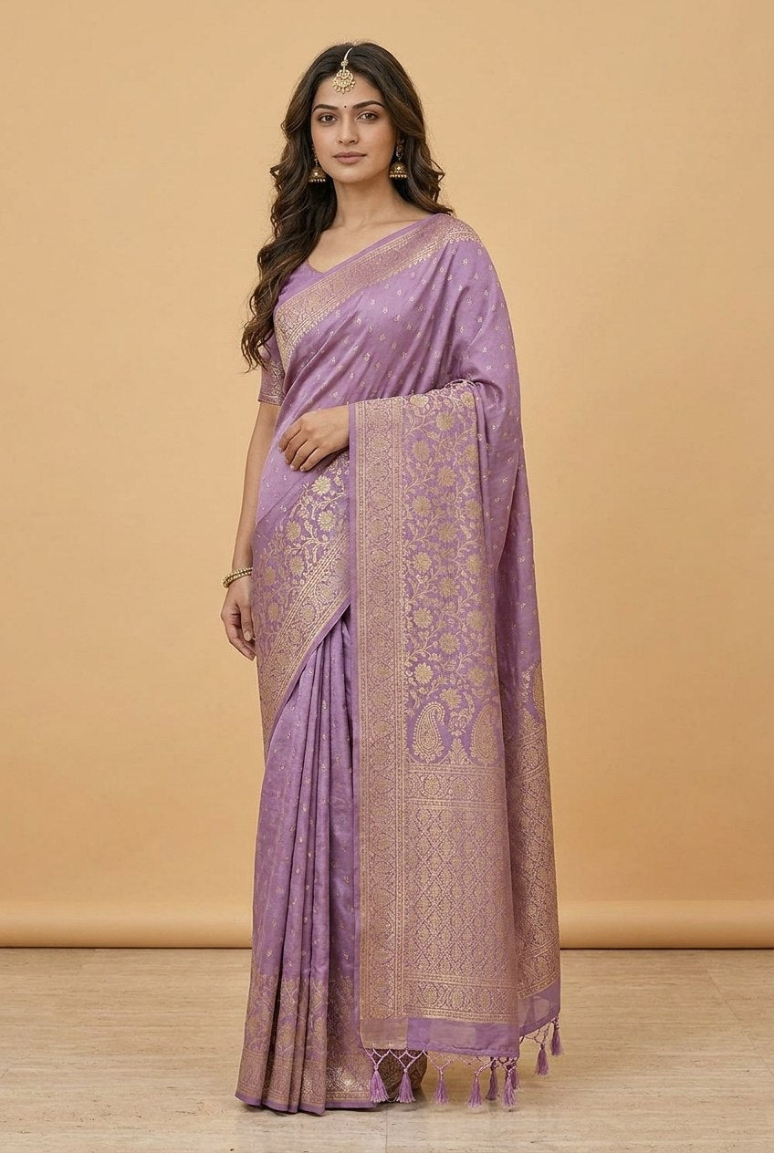 Water Zari Butta Khaddi Crepe Silk Saree with Rich Zari Pallu in Lilac