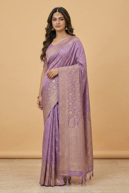 Water Zari Butta Khaddi Crepe Silk Saree with Rich Zari Pallu in Lilac