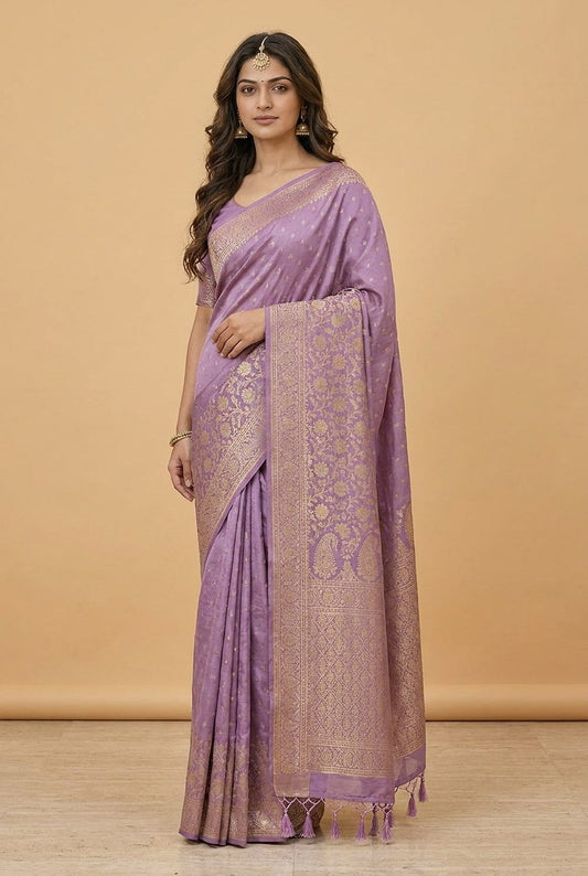 Water Zari Butta Khaddi Crepe Silk Saree with Rich Zari Pallu in Lilac