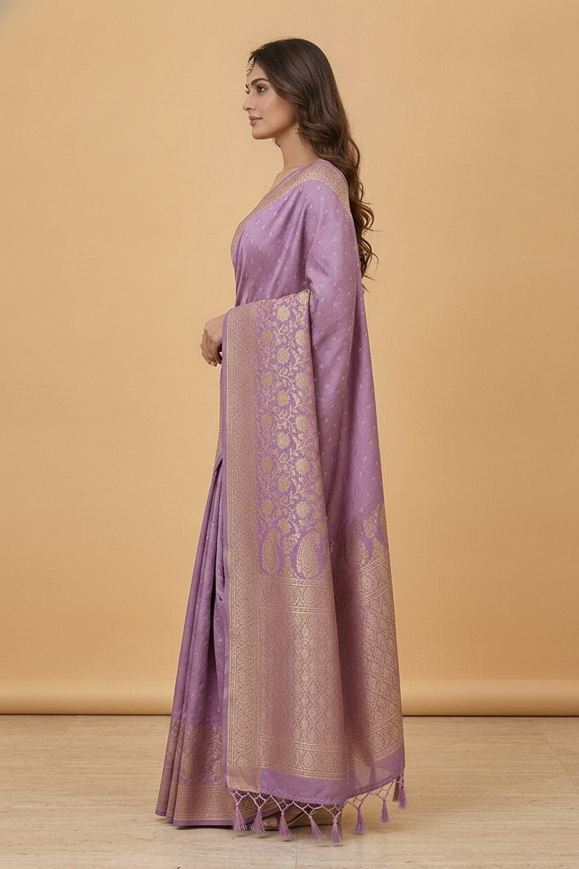 Water Zari Butta Khaddi Crepe Silk Saree with Rich Zari Pallu in Lilac