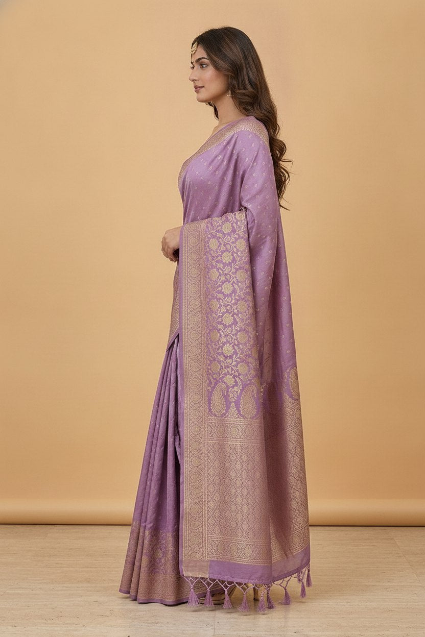 Water Zari Butta Khaddi Crepe Silk Saree with Rich Zari Pallu in Lilac