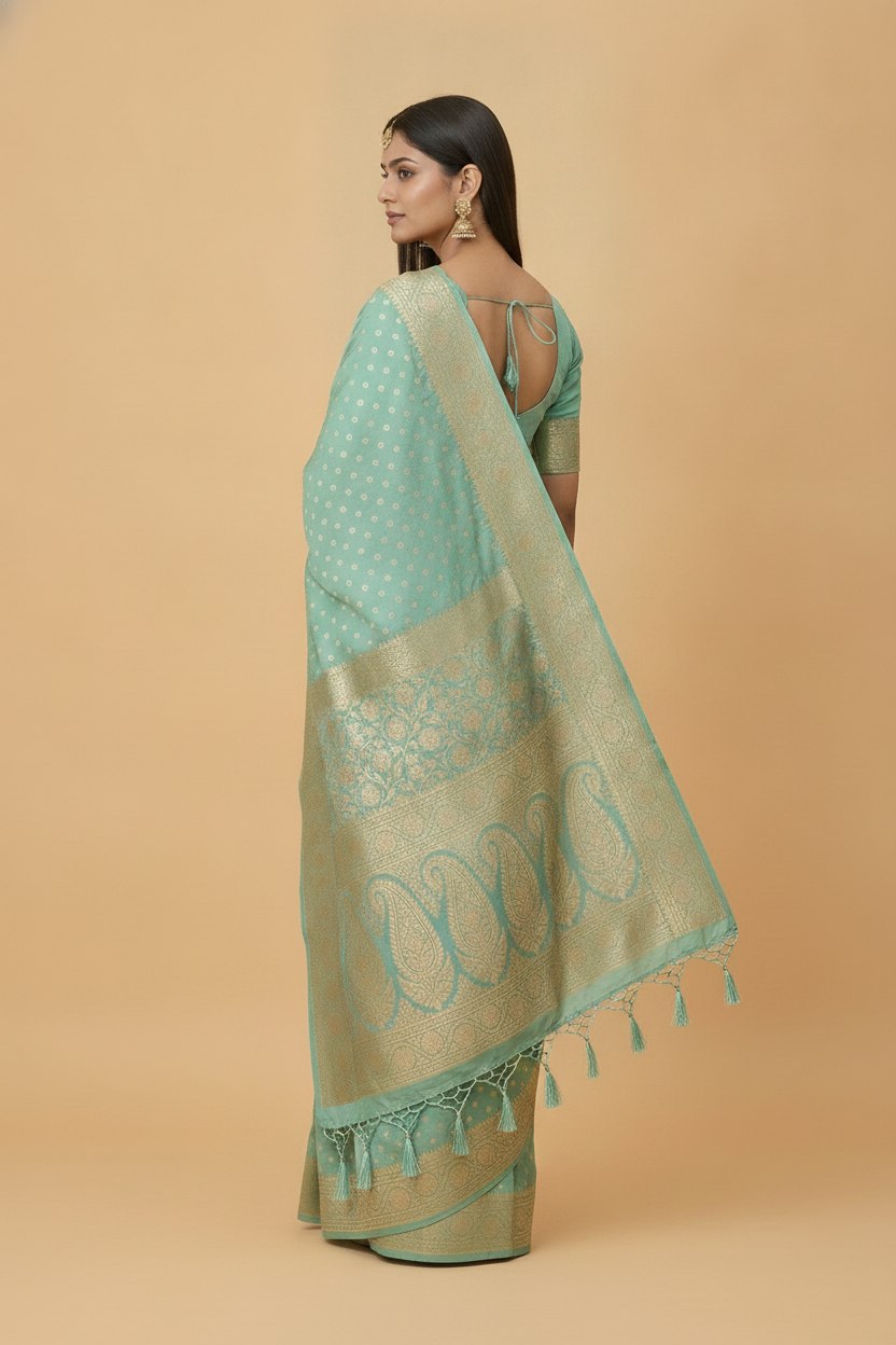 Water Zari Butta Khaddi Crepe Silk Saree with Rich Zari Pallu in Mint