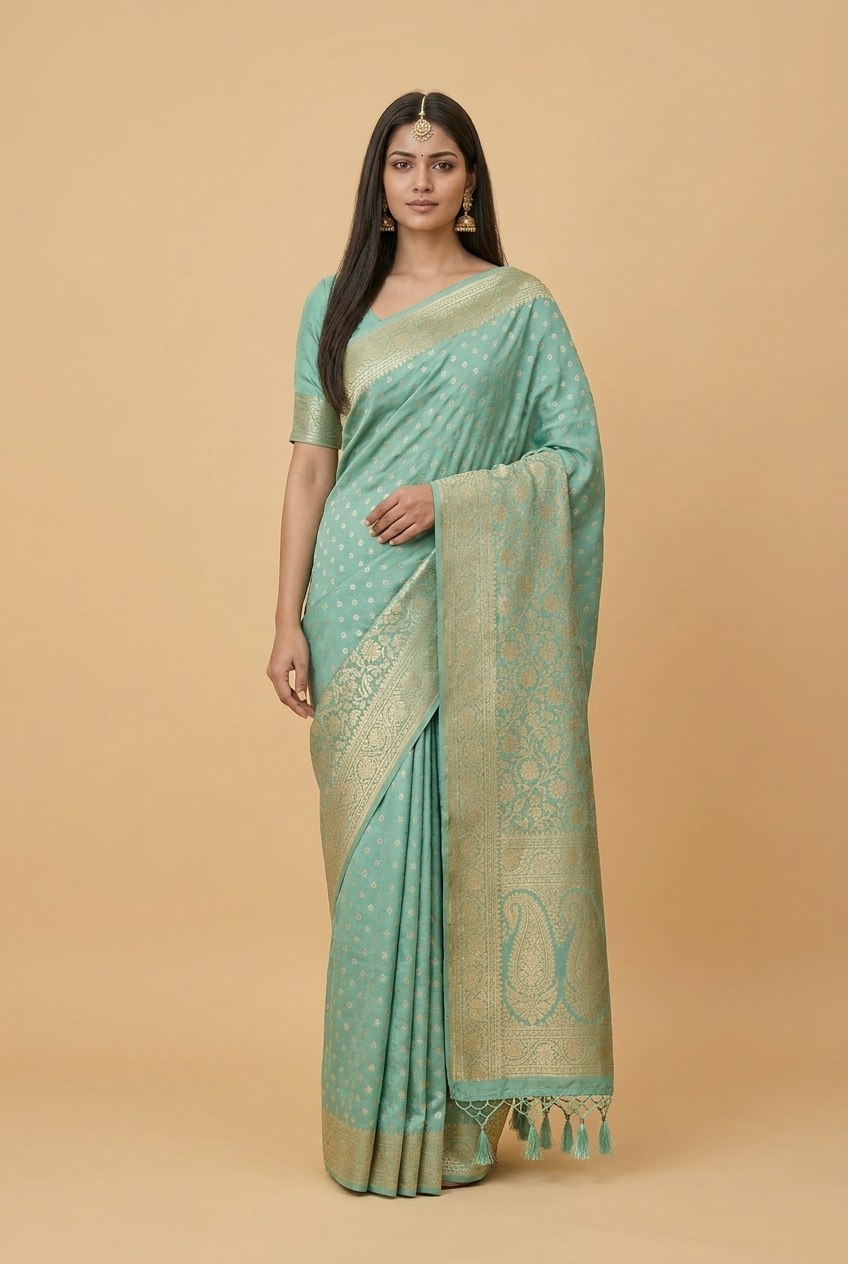 Water Zari Butta Khaddi Crepe Silk Saree with Rich Zari Pallu in Mint