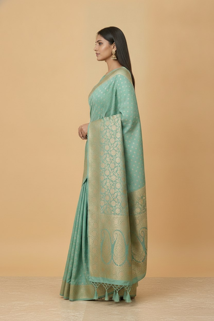 Water Zari Butta Khaddi Crepe Silk Saree with Rich Zari Pallu in Mint