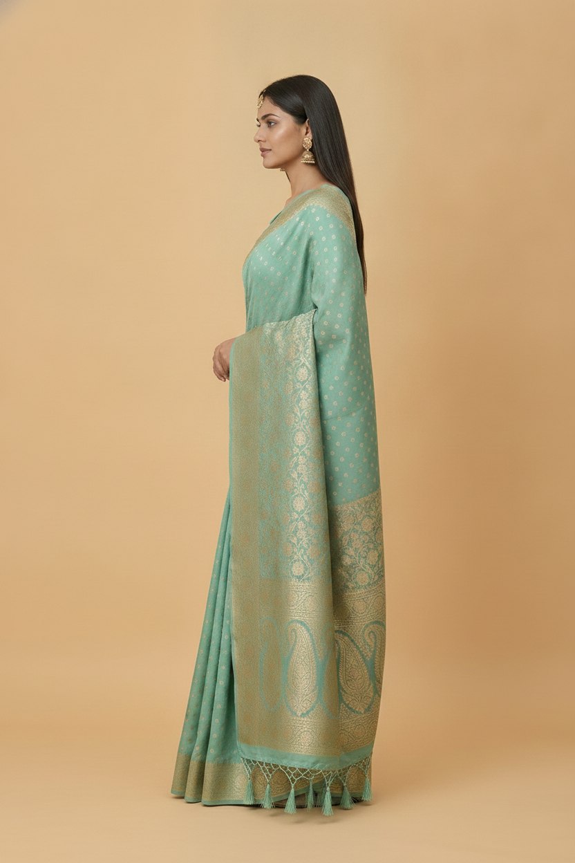 Water Zari Butta Khaddi Crepe Silk Saree with Rich Zari Pallu in Mint