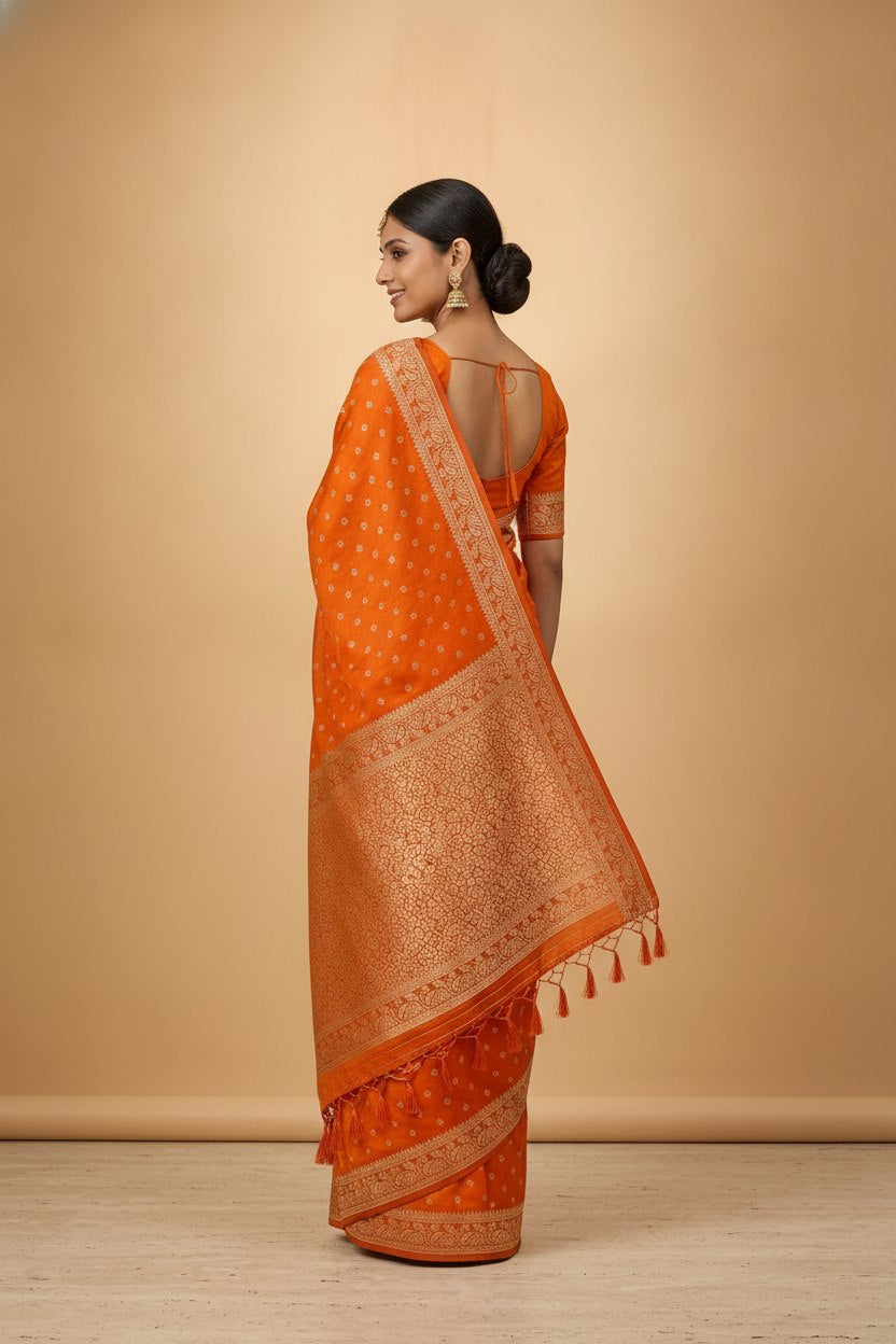 Water Zari Butta Khaddi Crepe Silk Saree with Rich Zari Pallu in Orange