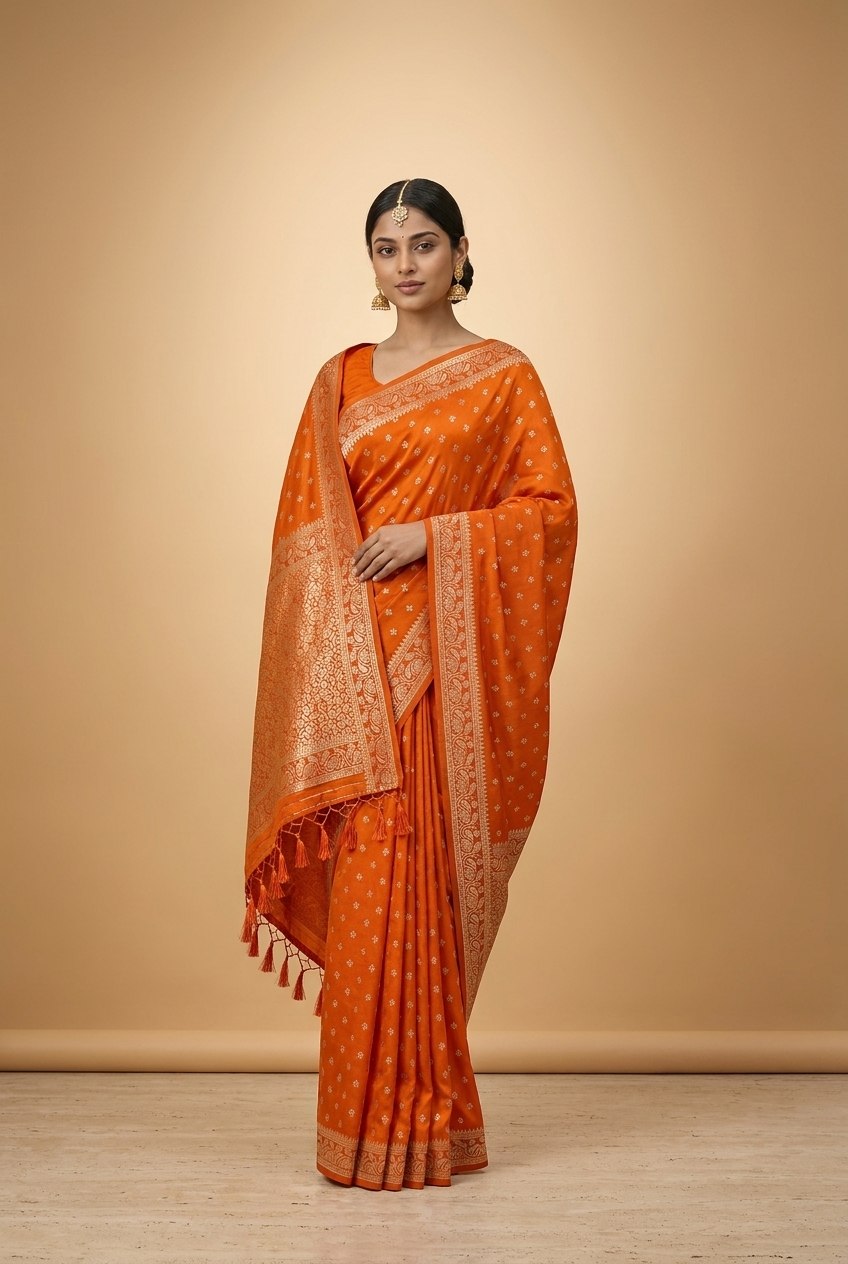 Water Zari Butta Khaddi Crepe Silk Saree with Rich Zari Pallu in Orange