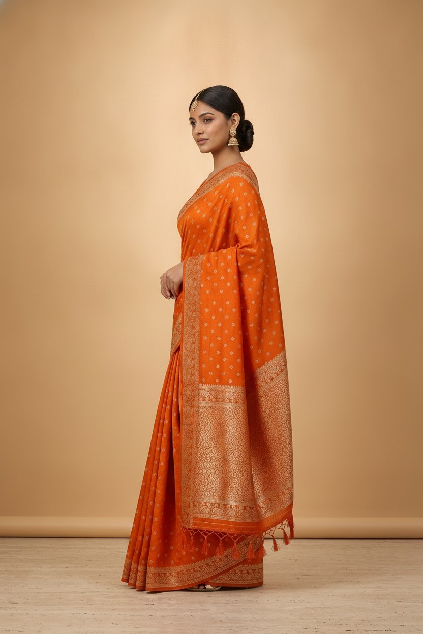 Water Zari Butta Khaddi Crepe Silk Saree with Rich Zari Pallu in Orange