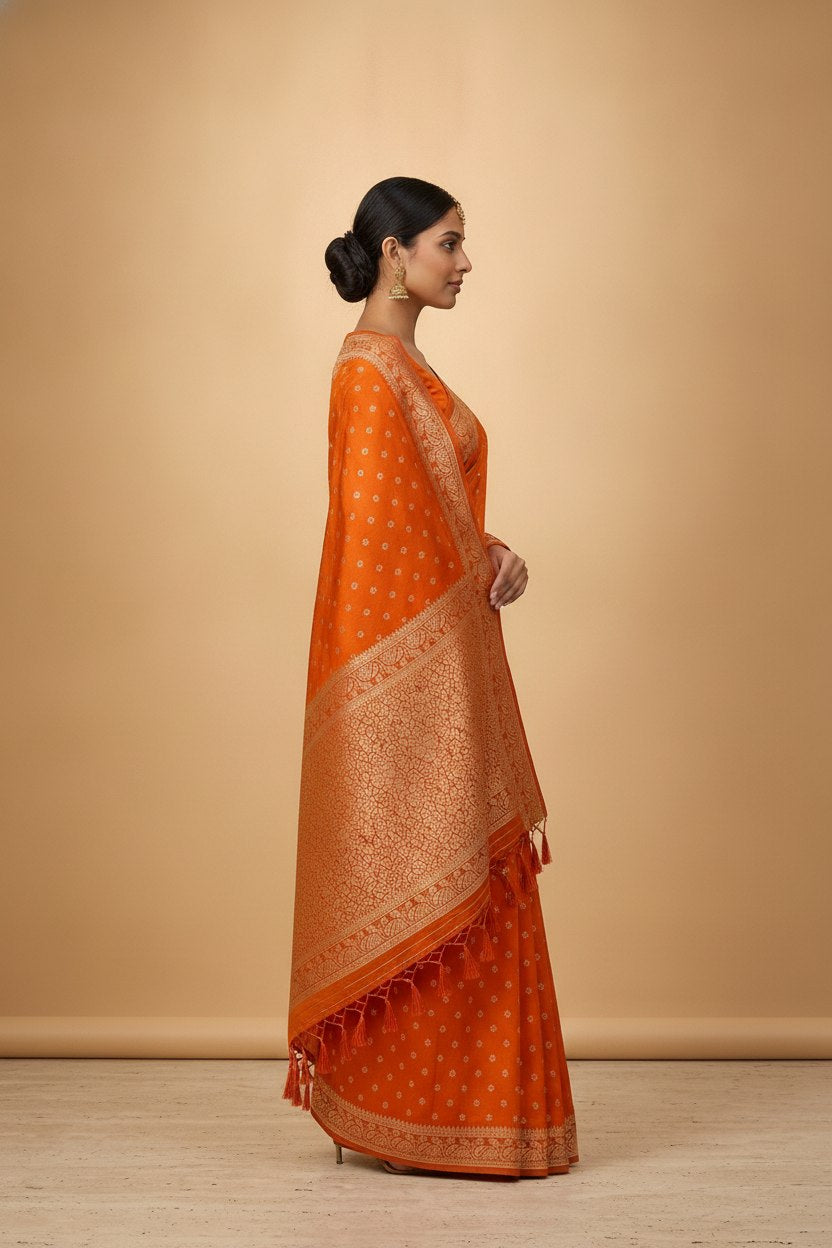 Water Zari Butta Khaddi Crepe Silk Saree with Rich Zari Pallu in Orange