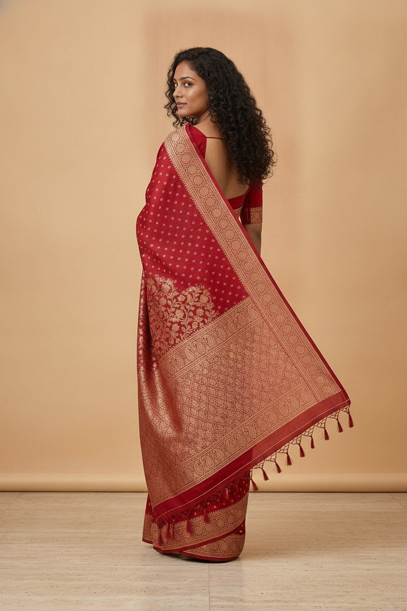 Water Zari Butta Khaddi Crepe Silk Saree with Rich Zari Pallu in Red