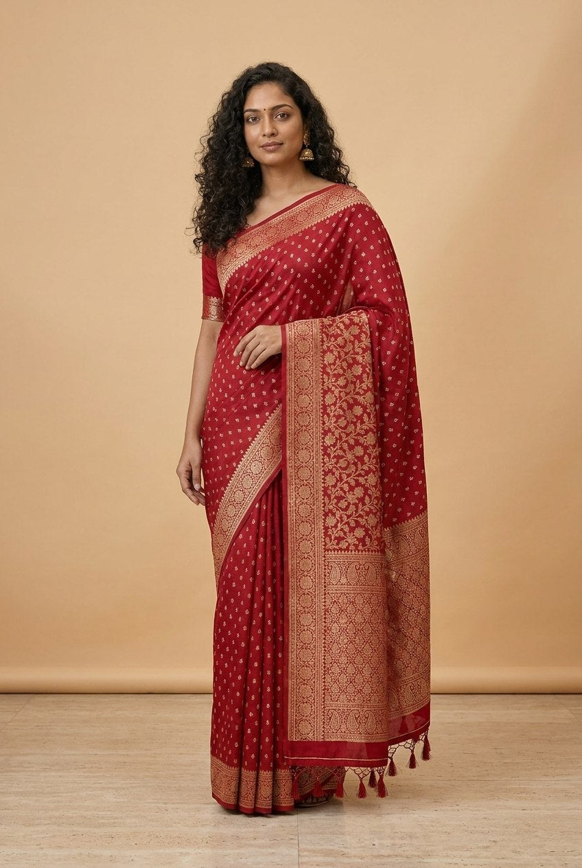 Water Zari Butta Khaddi Crepe Silk Saree with Rich Zari Pallu in Red