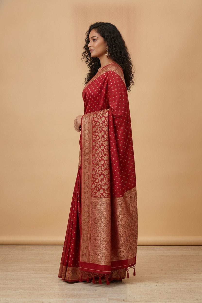 Water Zari Butta Khaddi Crepe Silk Saree with Rich Zari Pallu in Red
