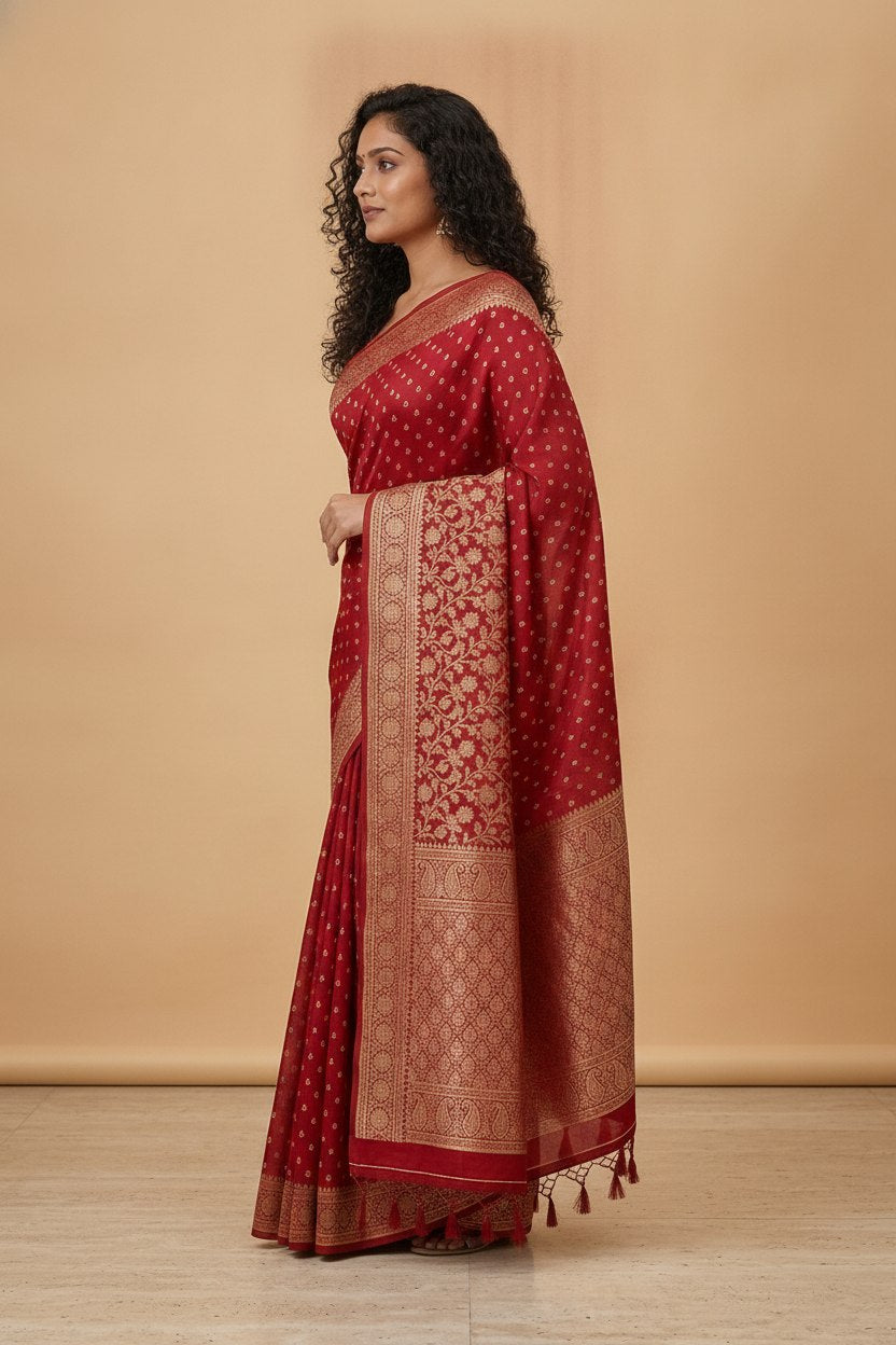 Water Zari Butta Khaddi Crepe Silk Saree with Rich Zari Pallu in Red
