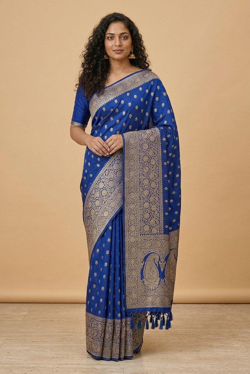 Water Zari Butta Khaddi Crepe Silk Saree with Rich Zari Pallu in Royal Blue