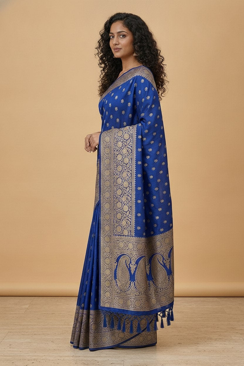 Water Zari Butta Khaddi Crepe Silk Saree with Rich Zari Pallu in Royal Blue