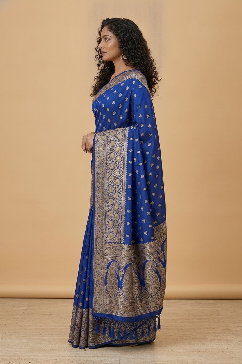 Water Zari Butta Khaddi Crepe Silk Saree with Rich Zari Pallu in Royal Blue